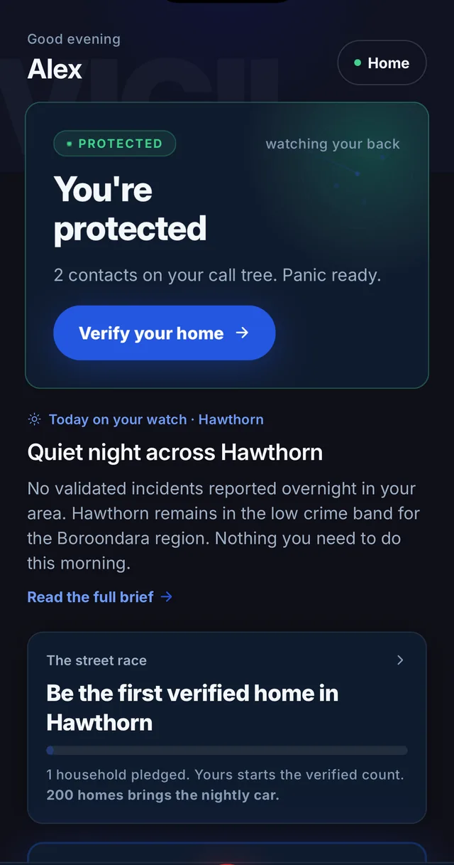 The Vigil Guard app: You're protected, 2 contacts on your call tree, panic ready, today on your watch