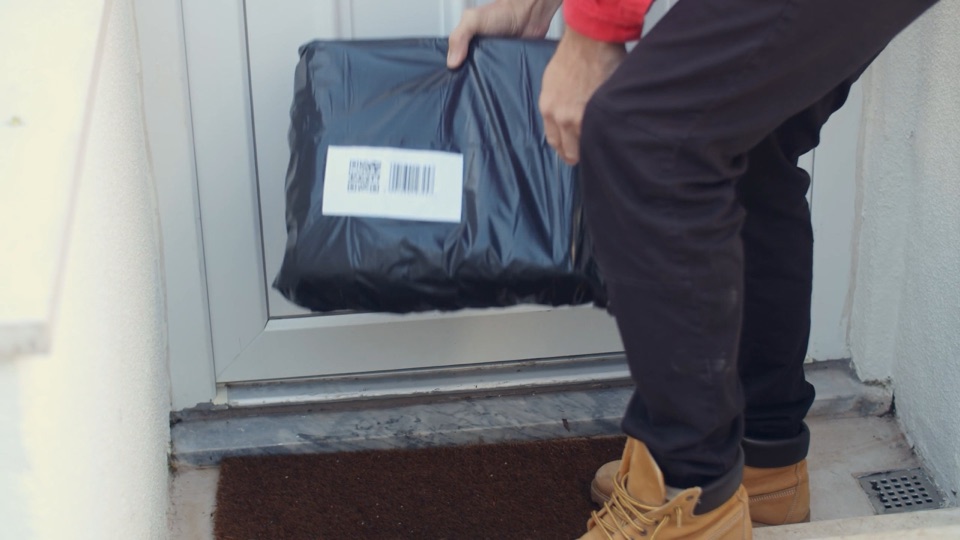 A figure carrying a parcel approaches a residential front door in daylight